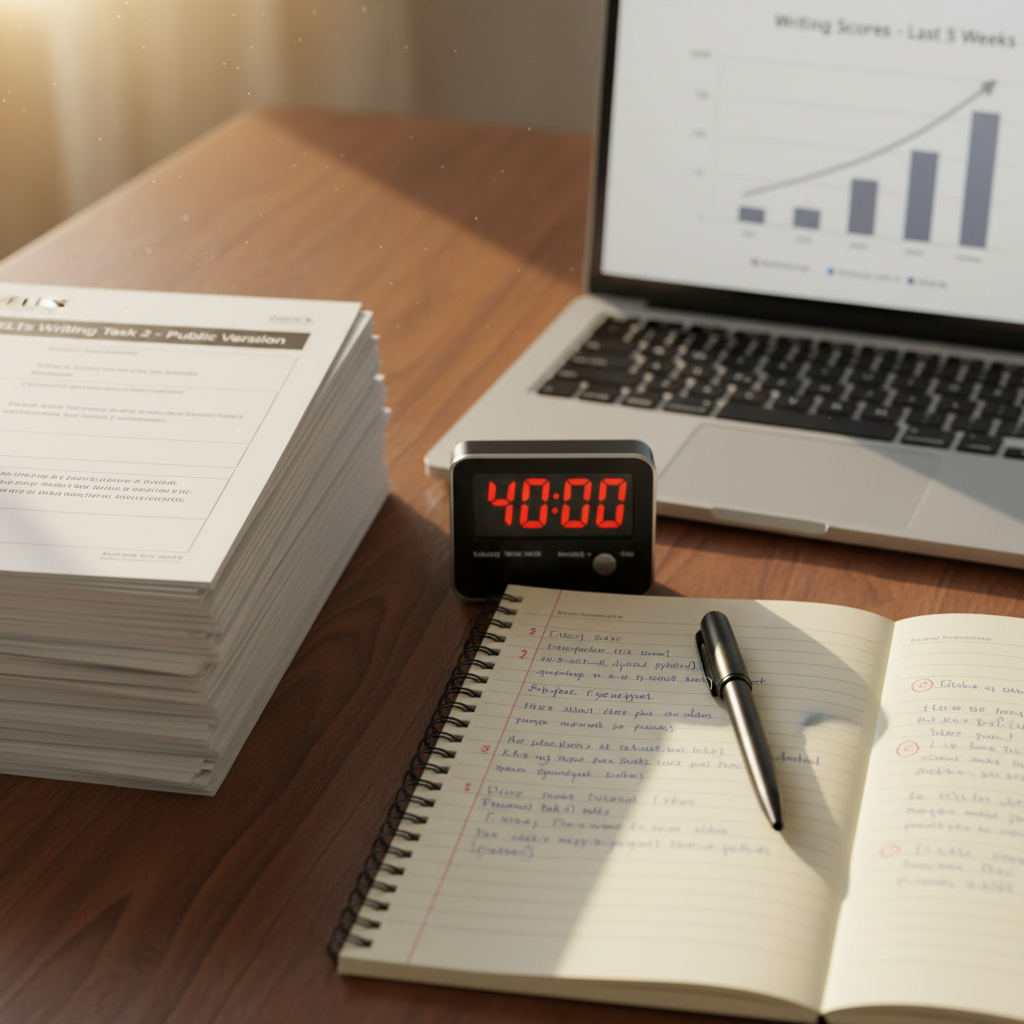 A thoughtfully designed IELTS writing practice setup on a smooth dark-wood desk, showcasing a stack of printed band descriptors, a neatly aligned lined notebook filled with carefully structured paragraphs, and a fine-point black pen placed diagonally across the page. A small digital timer with large, clear numbers counts down, emphasizing exam timing skills. In the background, a slim laptop shows a bar chart of improving writing scores, softly out of focus. Warm afternoon sunlight filters in from the side, creating long, gentle shadows and a cozy yet focused ambiance. Photographic realism with a clean, modern style, shot at a three-quarter overhead angle, conveying discipline, progress, and confidence-building IELTS coaching.