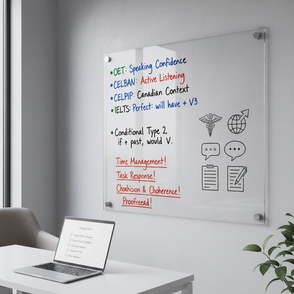 An elegant glass whiteboard mounted on a light grey wall, filled with neatly handwritten English phrases, grammar structures, and highlighted exam tips for OET, CELBAN, CELPIP, and IELTS in different colored markers. Beside the notes, four small icons representing healthcare, immigration, speaking, and writing are sketched with clean lines. A slim laptop sits open on a nearby white desk, showing a minimalist checklist marked ‘Ready for Exam’. Cool, diffused daylight from a nearby window illuminates the scene, creating soft reflections on the glass surface. Photographic realism with a professional, modern coaching atmosphere, composed using the rule of thirds from a slightly angled side view, keeping the text sharp in the foreground and letting the rest of the room fall into a gentle blur.