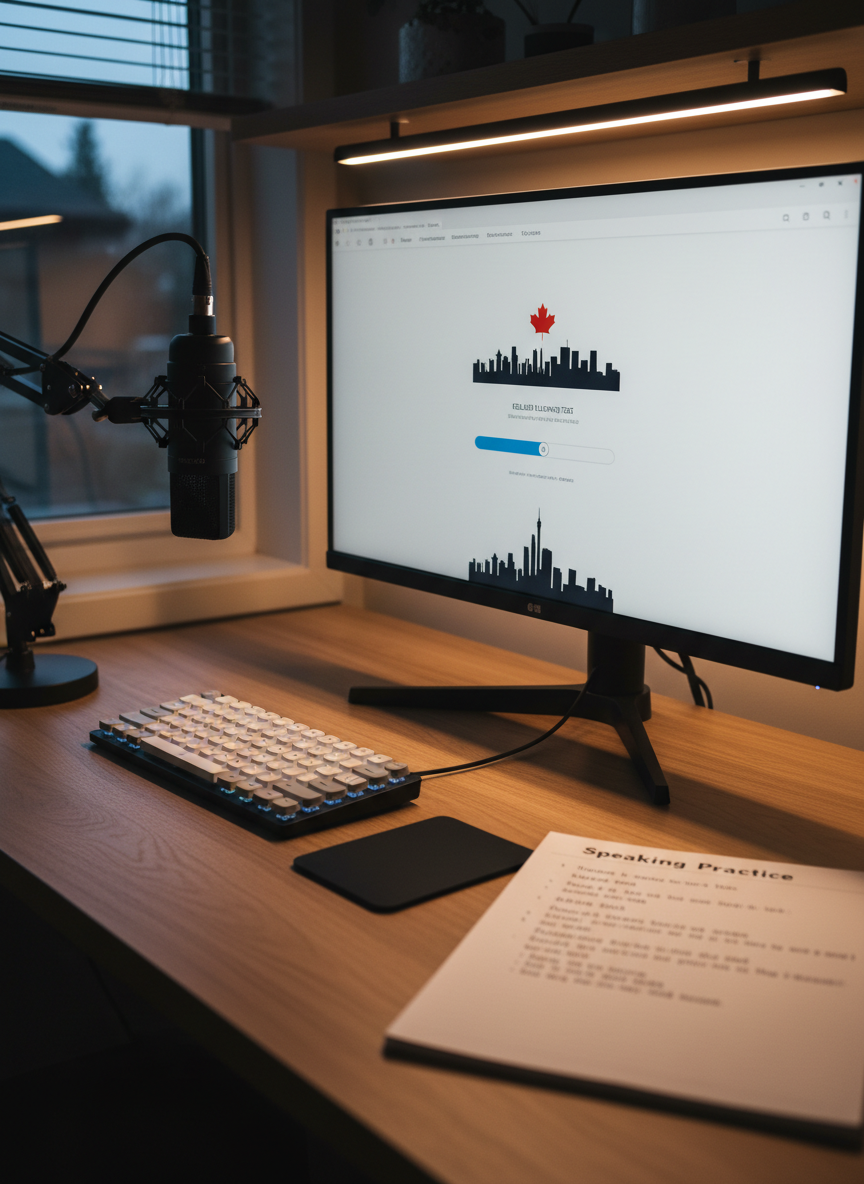 A polished workstation tailored for CELBAN and CELPIP practice, featuring a large, slim monitor displaying a mock listening test interface with a clean progress bar and clear Canadian-themed icons such as a small maple leaf and city skyline outline. A high-quality studio microphone on an adjustable arm stands beside the keyboard, and a spiral notebook labeled ‘Speaking Practice’ lies open with neatly written sample answers. Warm yet neutral desk lighting combines with soft evening ambient light from a window, casting gentle shadows and reflections on the monitor. Photographic realism with a professional and reassuring mood, captured from a slightly elevated angle with sharp focus throughout, highlighting an organized, tech-supported space ideal for immigrants preparing for Canadian English exams.