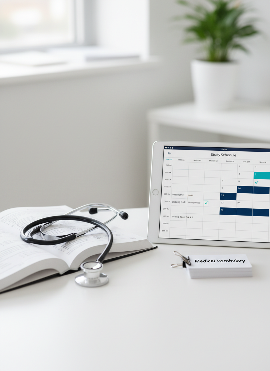A close-up, photographic image of an open OET reading booklet and a stethoscope resting carefully across its pages, placed on a smooth white desk. Next to it lies a tablet displaying a structured study schedule with time blocks and checkmarks in subtle teal and navy tones. A small stack of flashcards labeled ‘Medical Vocabulary’ is secured with a tidy binder clip. Soft, overcast natural light from a nearby window creates an even, shadow-free illumination, emphasizing legible text and crisp textures. The composition is centered with a shallow depth of field, background slightly blurred to suggest a professional clinic-like environment. The mood is calm, precise, and supportive, underscoring specialized English coaching for healthcare professionals in Canada.